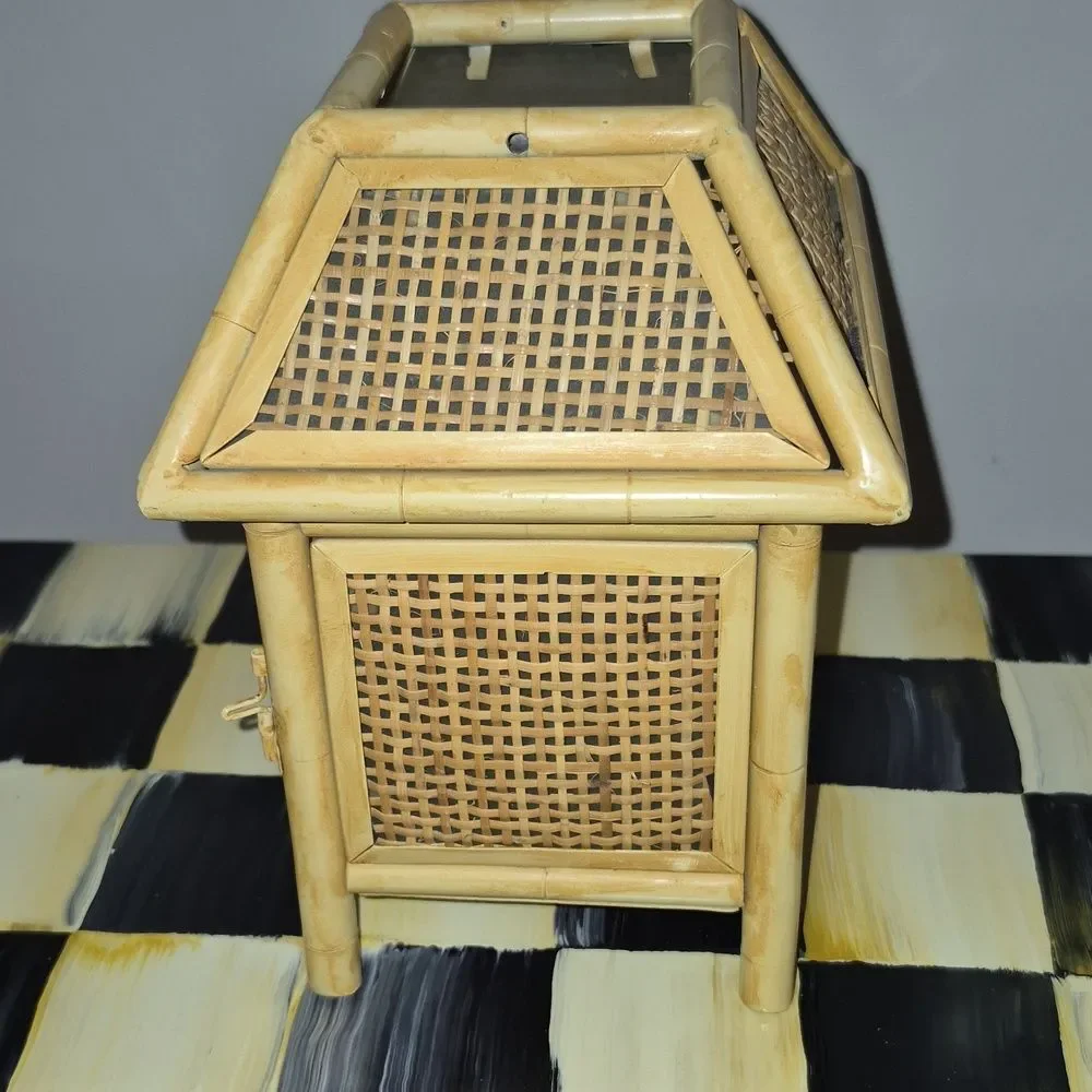 Vintage Metal Bamboo & Raffia MCM Tiki Hut Tea Light Holder Boho